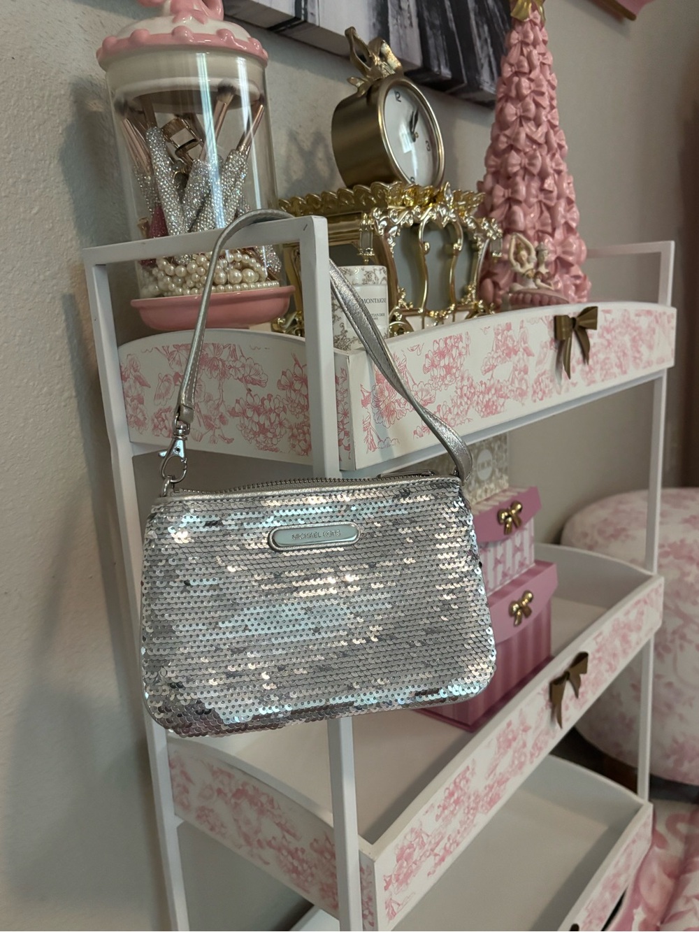 Michael Kors Silver Sequin Wristlet Clutch with Wrist Strap